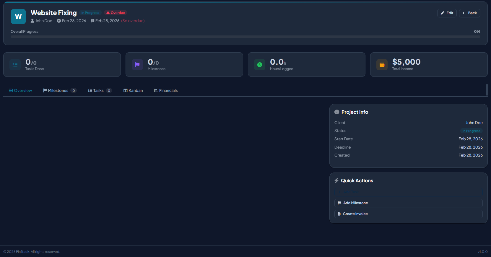 FinTrack project management tool — kanban boards, milestones and budget tracking for freelancers